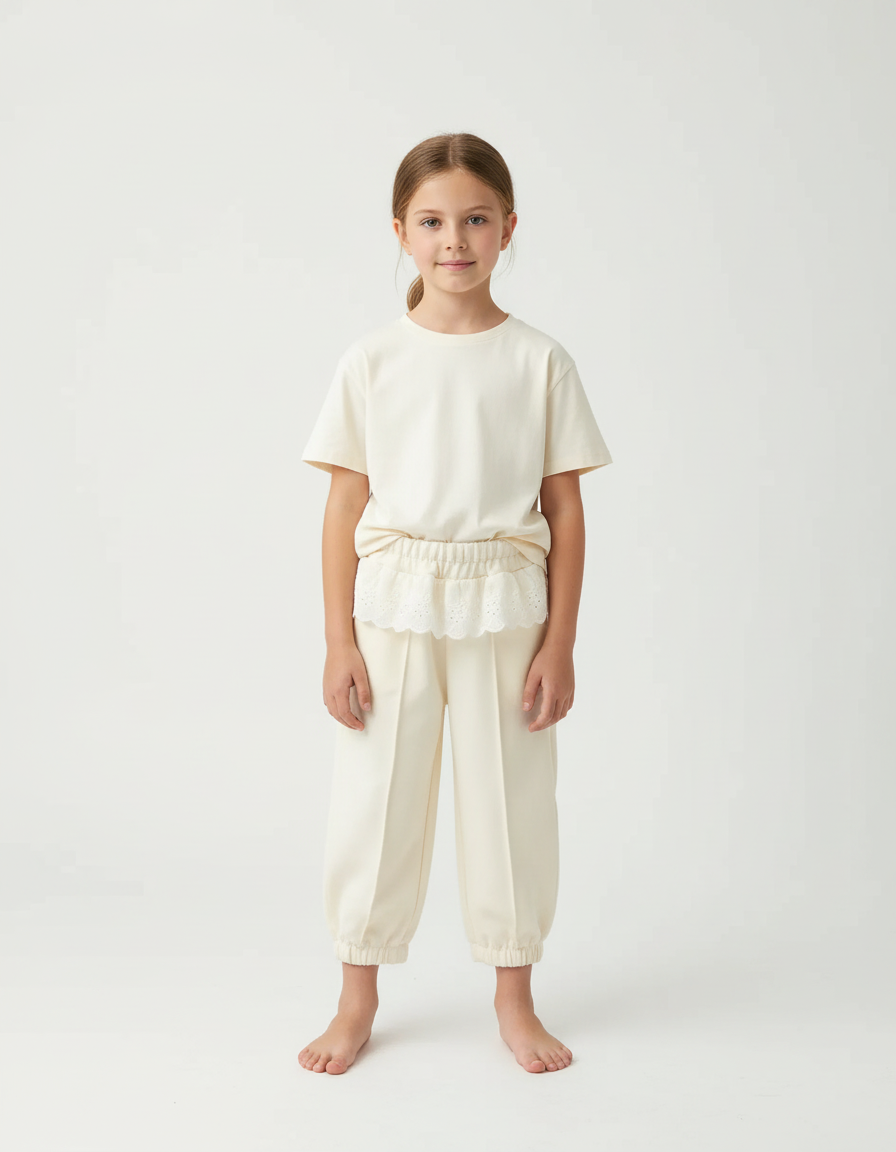 Pantalon Beige Plissé Élastiqué Cheville Enfant Fille - Gabardine