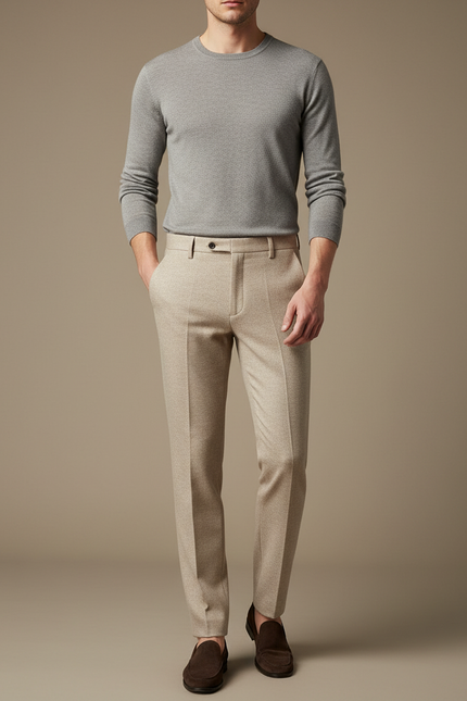 Pantalon Beige Homme Laine Droit Formel Élégant