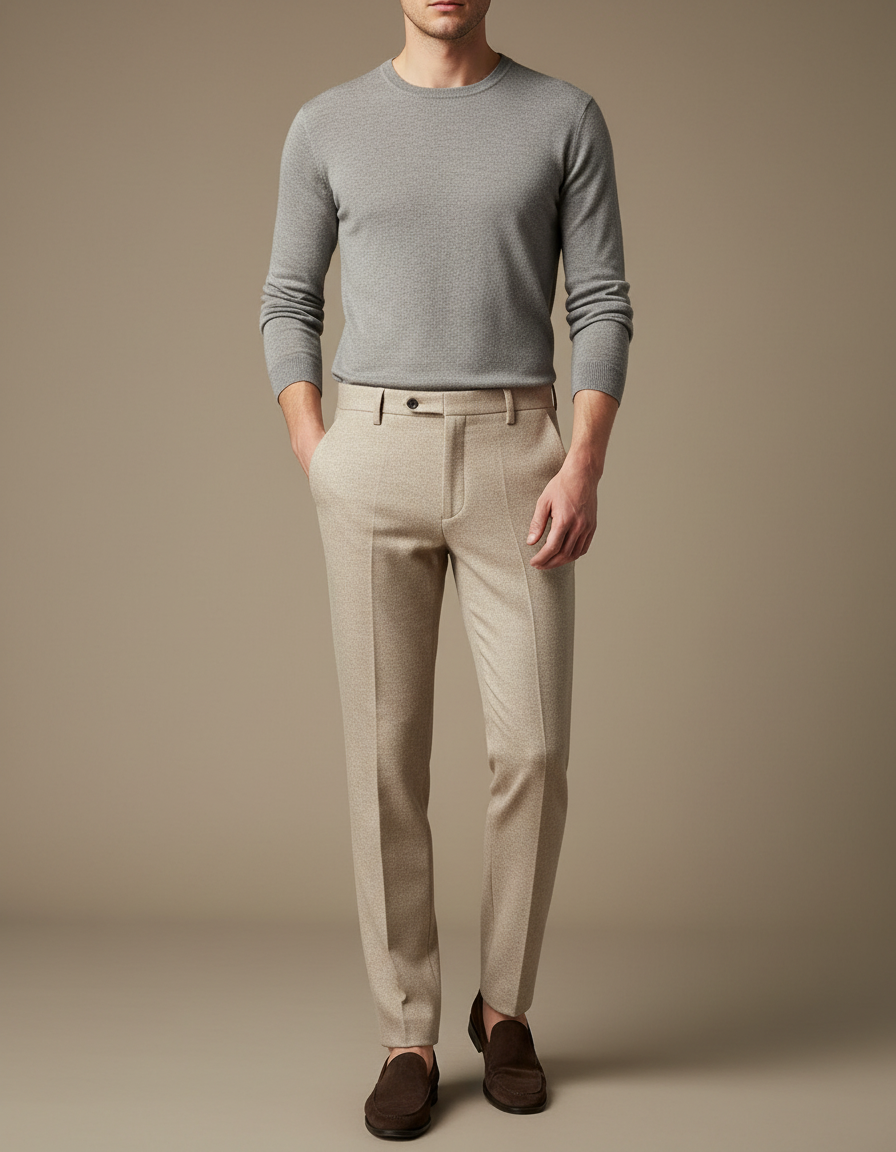 Pantalon Beige Homme Laine Droit Formel Élégant