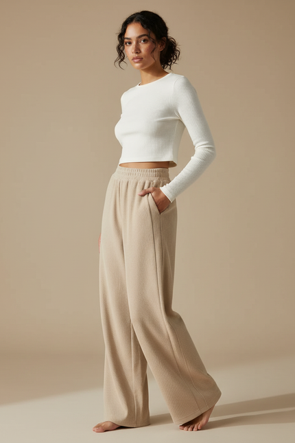 Pantalon Beige Côtelé Ample Droit Taille Haute - Maille