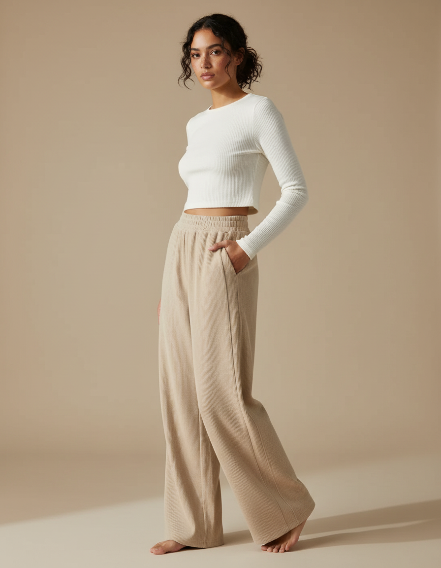 Pantalon Beige Côtelé Ample Droit Taille Haute - Maille