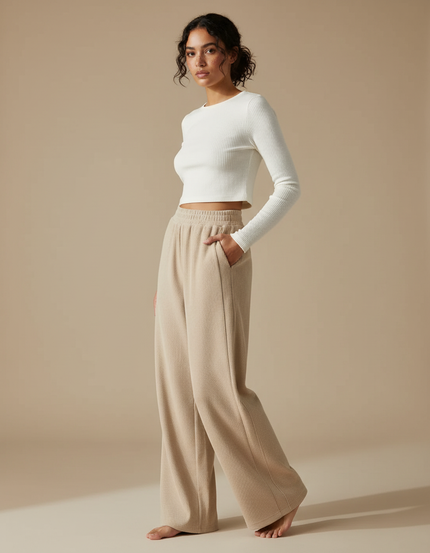Pantalon Beige Côtelé Ample Droit Taille Haute - Maille