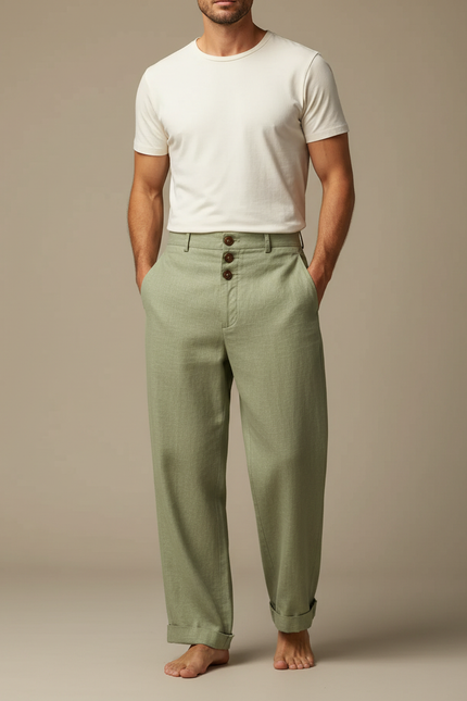 Pantalon Beige Lin Ample Boutonné Décontracté Homme - Vert