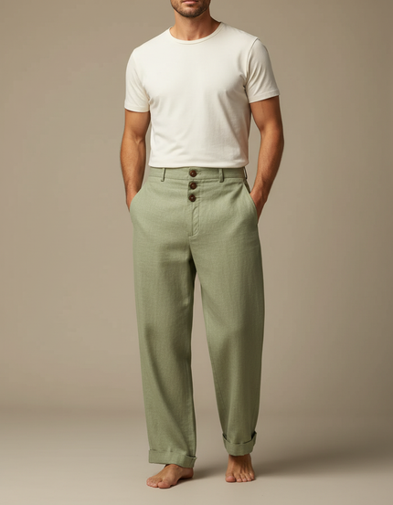Pantalon Beige Lin Ample Boutonné Décontracté Homme - Vert