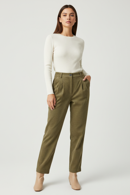 Pantalon Beige Côtelé Droit Plissé Élégant Femme - Kaki Cordé