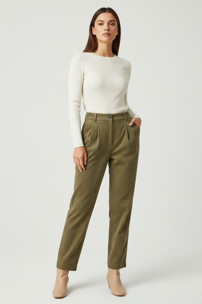 Pantalon Beige Côtelé Droit Plissé Élégant Femme - Kaki Cordé