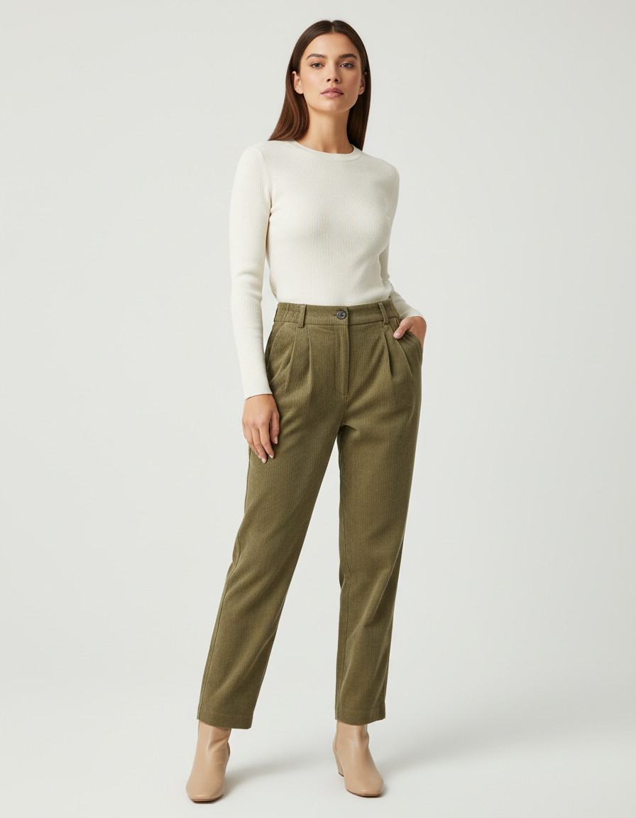 Pantalon Beige Côtelé Droit Plissé Élégant Femme - Kaki Cordé