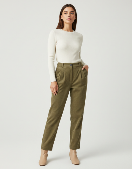 Pantalon Beige Côtelé Droit Plissé Élégant Femme - Kaki Cordé