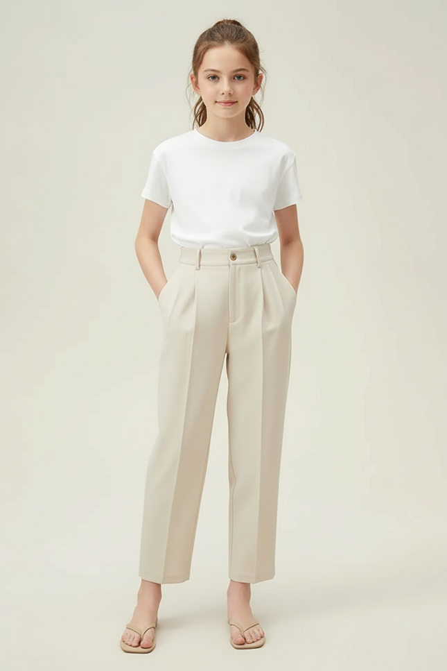 Pantalon Beige Taille Haute Plissé Décontracté Femme - Polyester