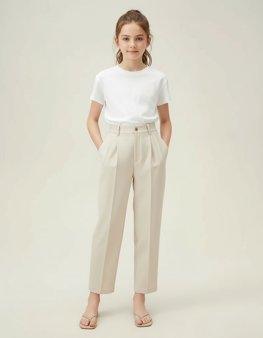 Pantalon Beige Taille Haute Plissé Décontracté Femme - Polyester
