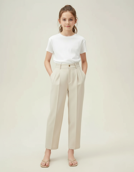 Pantalon Beige Taille Haute Plissé Décontracté Femme - Polyester