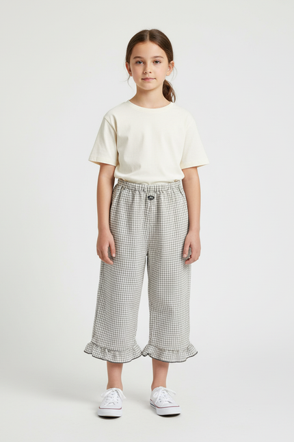 Pantalon Beige Vichy Ample Volants Coton Lin Fille