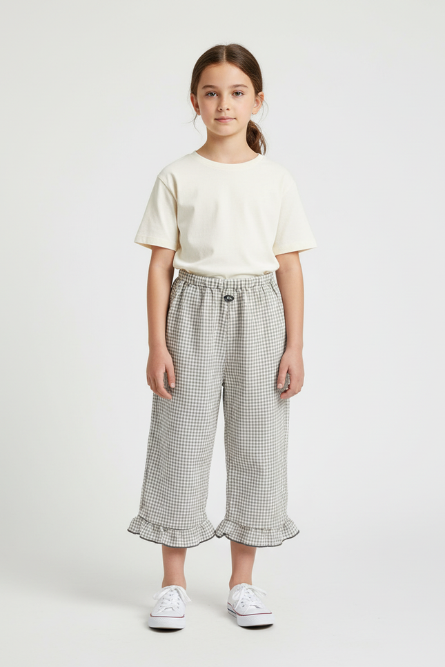 Pantalon Beige Vichy Ample Volants Coton Lin Fille