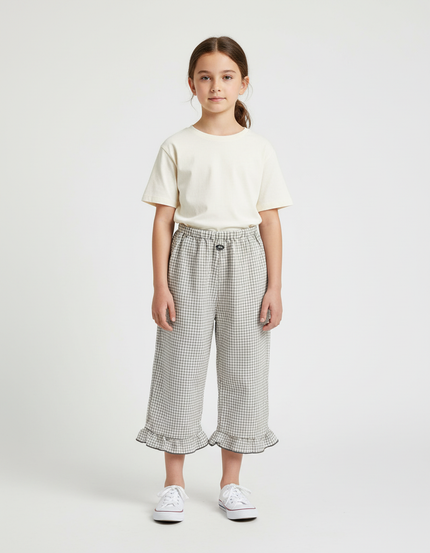 Pantalon Beige Vichy Ample Volants Coton Lin Fille