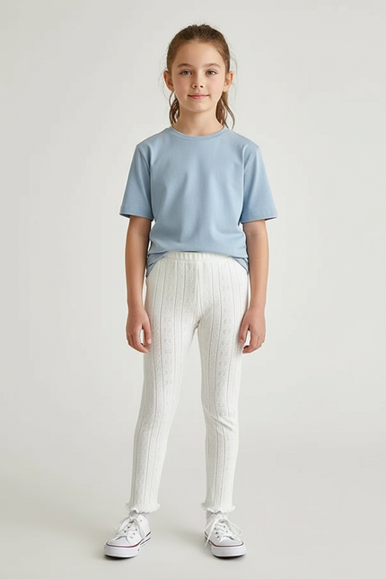 Pantalon Beige Fille Dentelle Tricoté Confortable - Blanc Maille