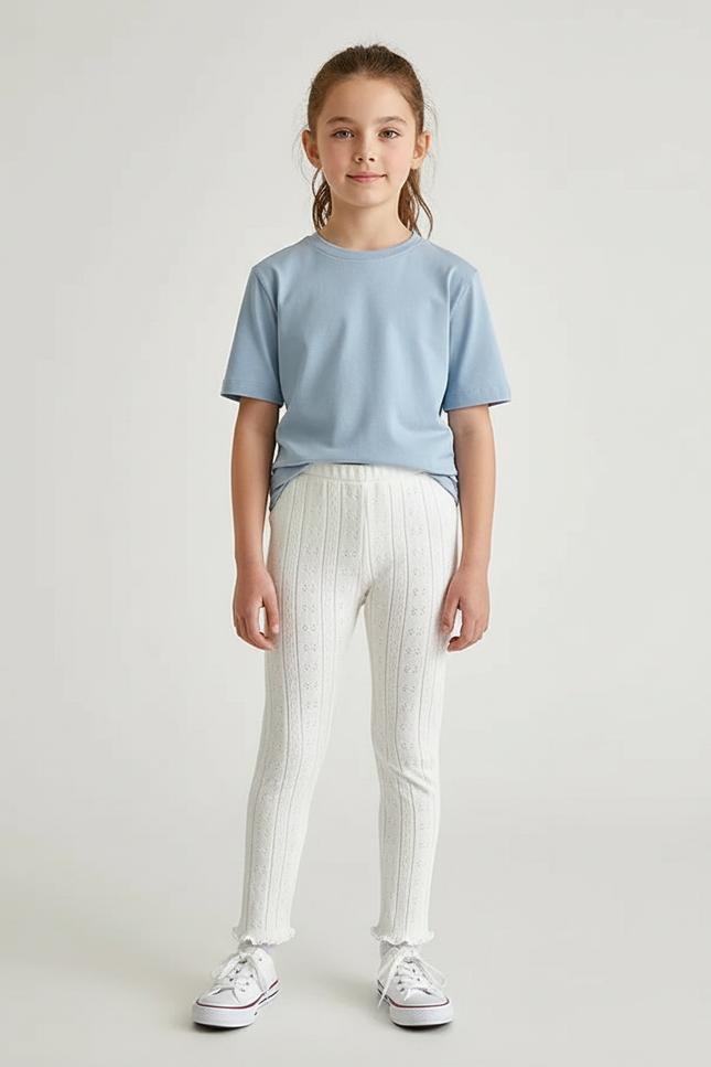 Pantalon Beige Fille Dentelle Tricoté Confortable - Blanc Maille