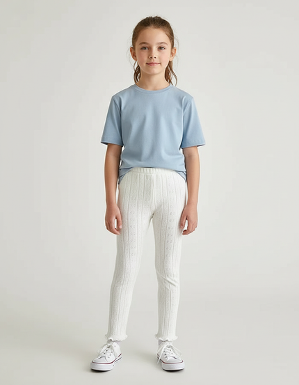Pantalon Beige Fille Dentelle Tricoté Confortable - Blanc Maille