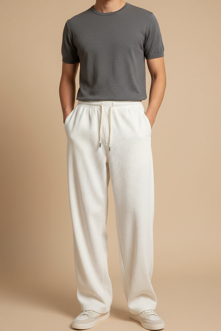 Pantalon Beige Côtelé Ample Droit Homme Cordon - Cordé