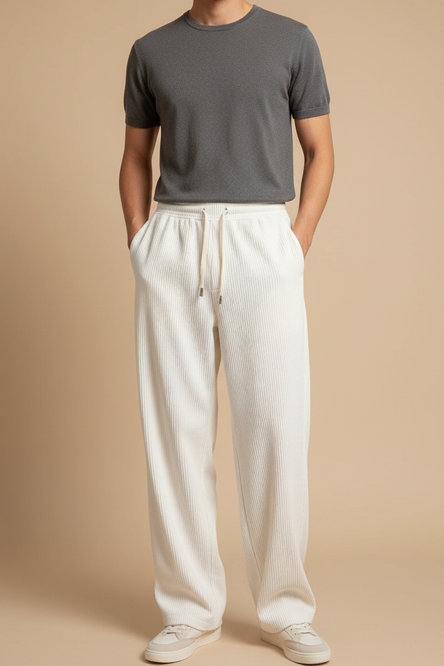 Pantalon Beige Côtelé Ample Droit Homme Cordon - Cordé