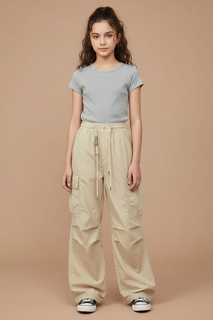 Pantalon Beige Cargo Ample Cordon Décontracté Enfant - Polyester