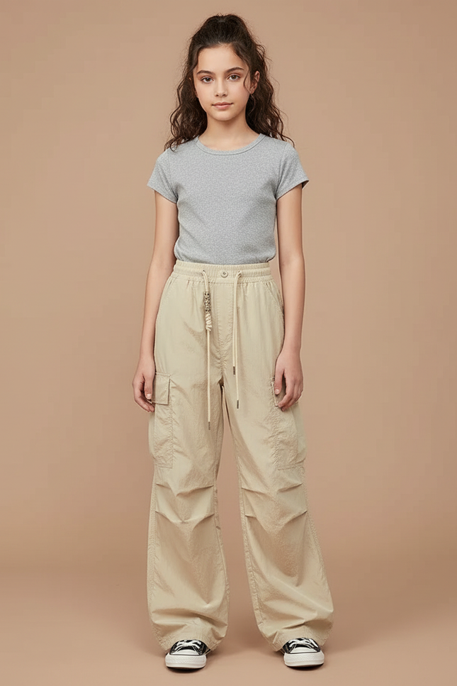 Pantalon Beige Cargo Ample Cordon Décontracté Enfant - Polyester