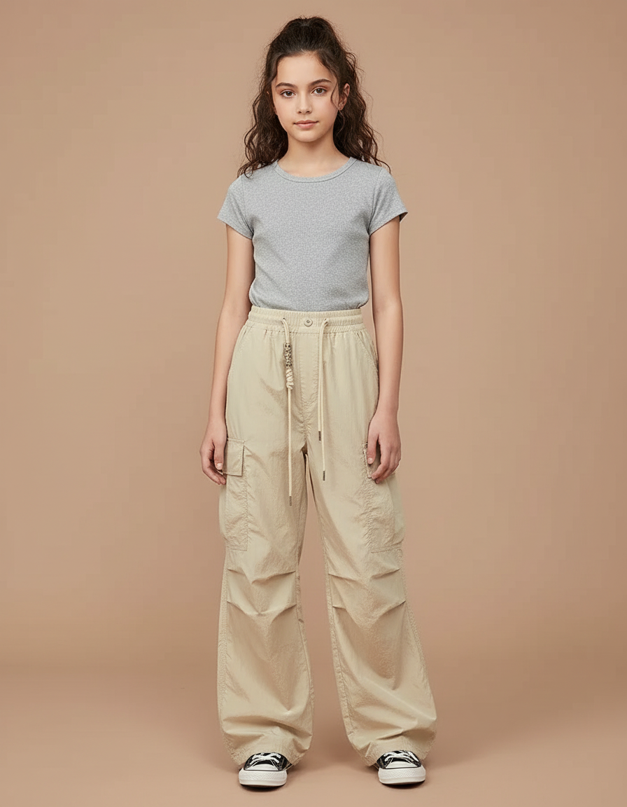 Pantalon Beige Cargo Ample Cordon Décontracté Enfant - Polyester