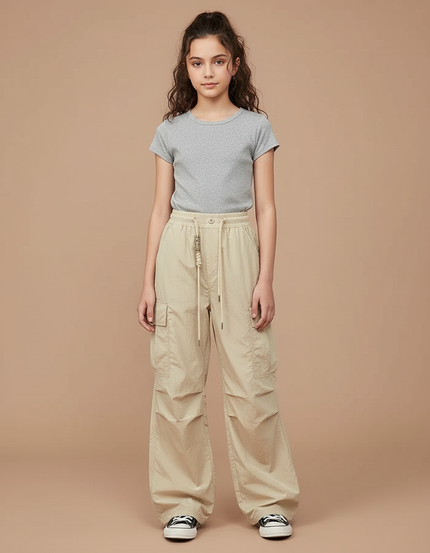 Pantalon Beige Cargo Ample Cordon Décontracté Enfant - Polyester