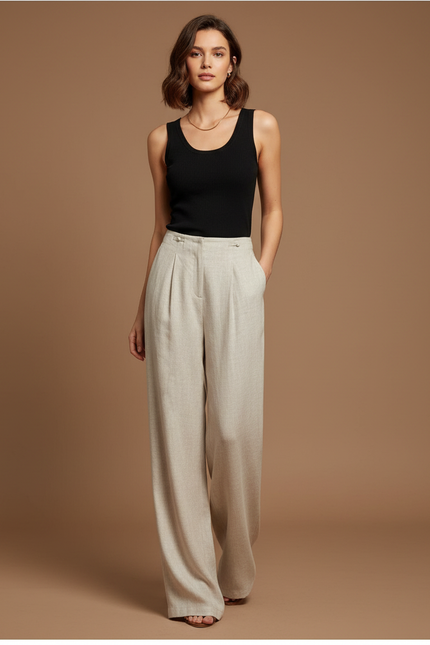 Pantalon Beige Ample Fluide Plissé Lin Décontracté