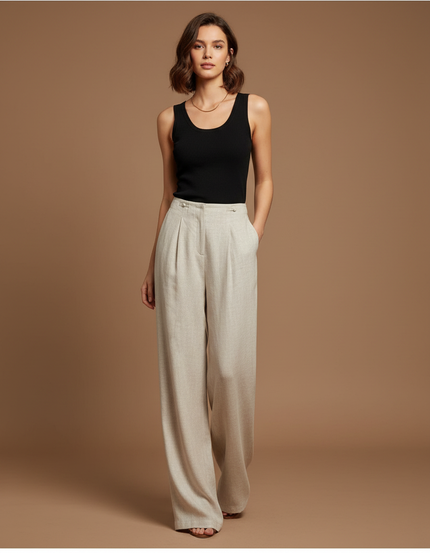 Pantalon Beige Ample Fluide Plissé Lin Décontracté