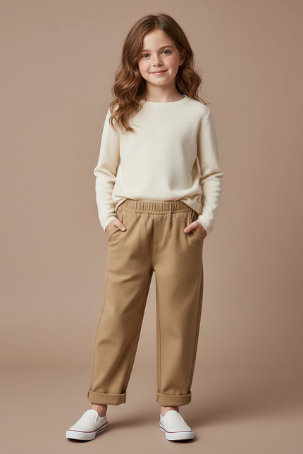 Pantalon Beige Ample Décontracté Enfant Fille Coton - Camel Laine