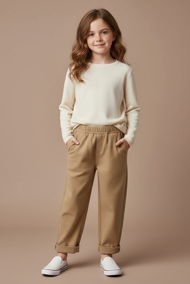 Pantalon Beige Ample Décontracté Enfant Fille Coton - Camel Laine