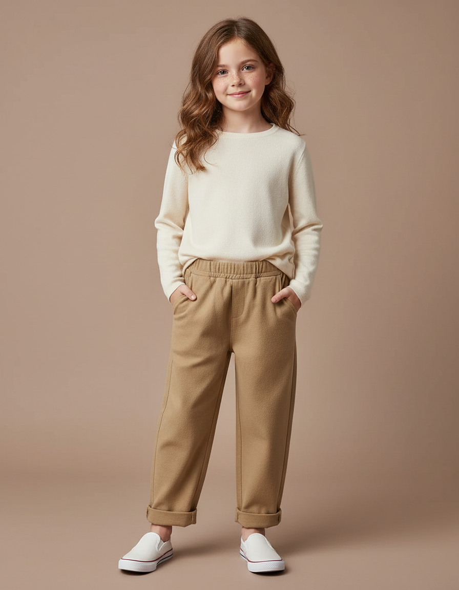 Pantalon Beige Ample Décontracté Enfant Fille Coton - Camel Laine