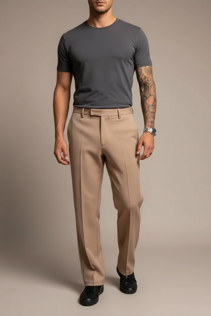 Pantalon Beige Homme Droit Élégant Décontracté Plissé - Gabardine