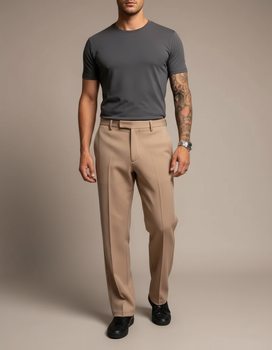 Pantalon Beige Homme Droit Élégant Décontracté Plissé - Gabardine