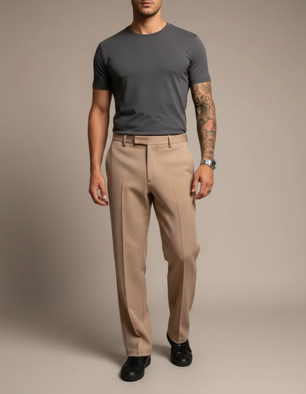 Pantalon Beige Homme Droit Élégant Décontracté Plissé - Gabardine