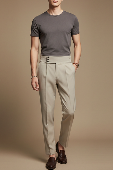 Pantalon Beige Plissé Élégant Droit Business Homme - Gabardine
