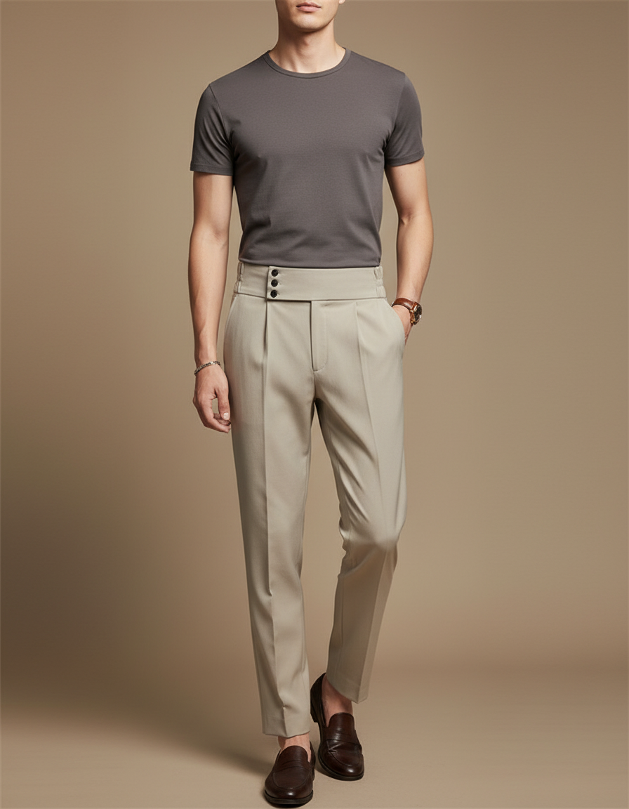 Pantalon Beige Plissé Élégant Droit Business Homme - Gabardine