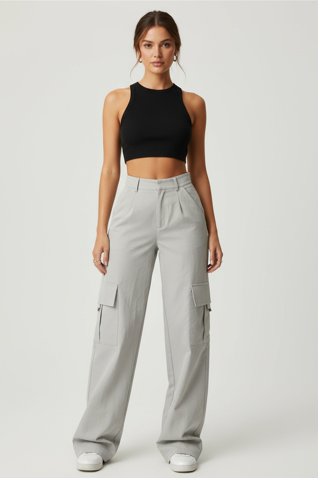 Pantalon Beige Cargo Ample Taille Haute Décontracté - Gris Gabardine