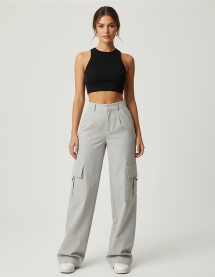 Pantalon Beige Cargo Ample Taille Haute Décontracté - Gris Gabardine