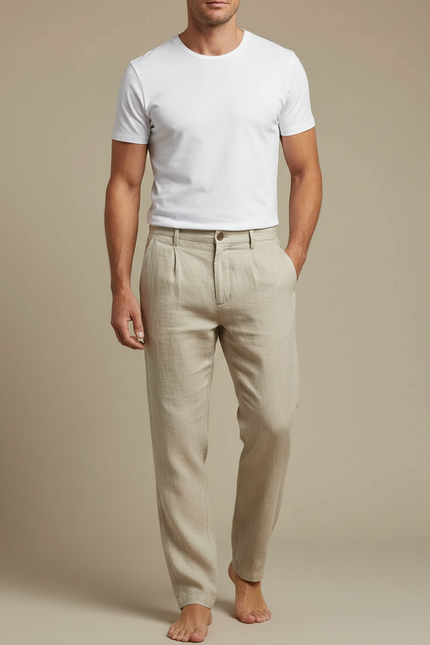 Pantalon Beige Lin Décontracté Homme Respirant Léger Ample