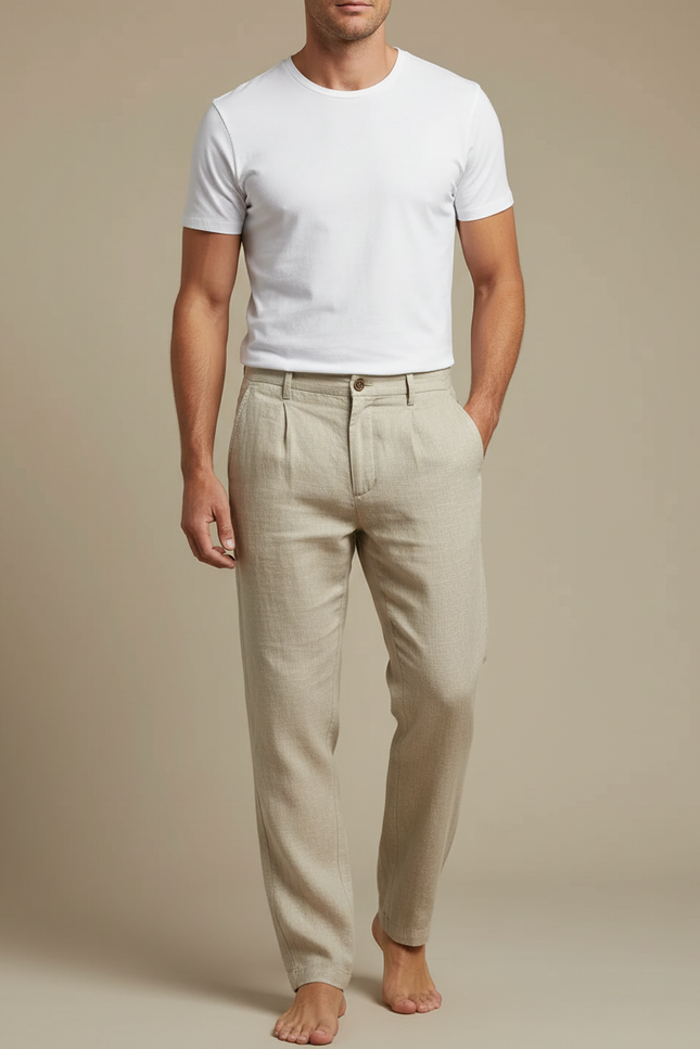 Pantalon Beige Lin Décontracté Homme Respirant Léger Ample