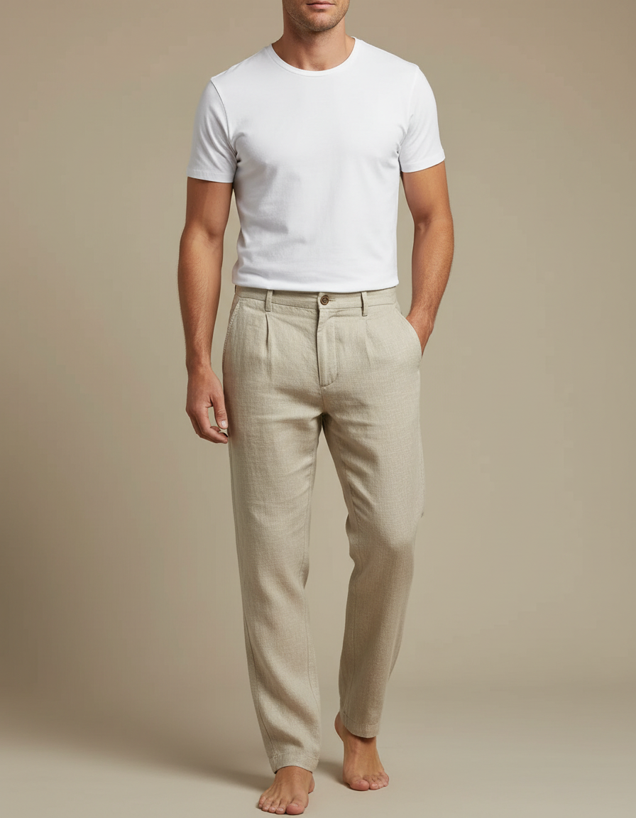 Pantalon Beige Lin Décontracté Homme Respirant Léger Ample