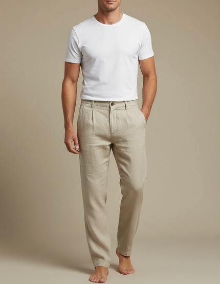Pantalon Beige Lin Décontracté Homme Respirant Léger Ample