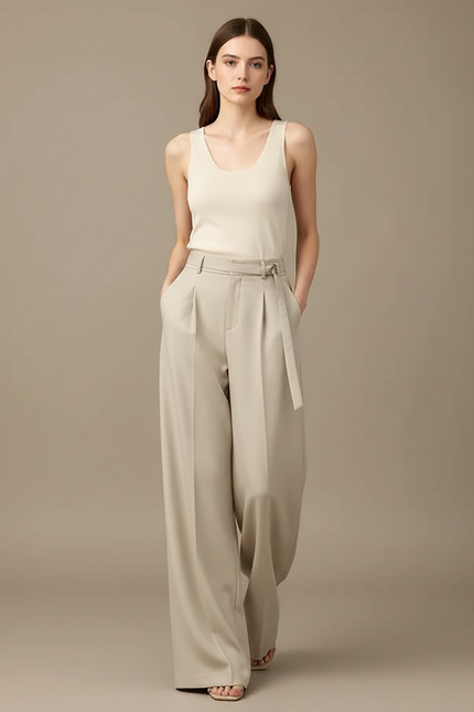 Pantalon Fluide Crêpe Femme Beige - Polyester