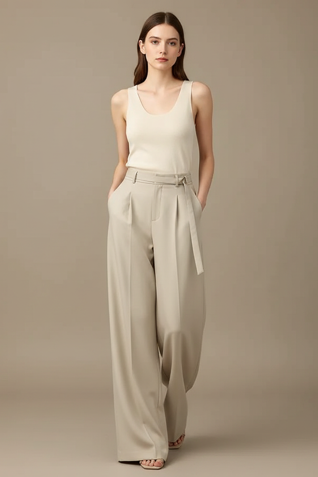Pantalon Fluide Crêpe Femme Beige - Polyester