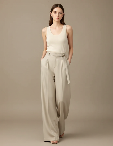 Pantalon Fluide Crêpe Femme Beige - Polyester
