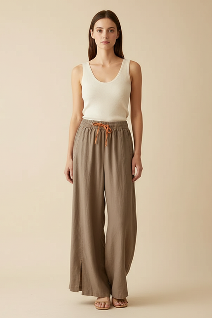 Pantalon Beige Lin Coton Ample Taille Haute Femme - Kaki