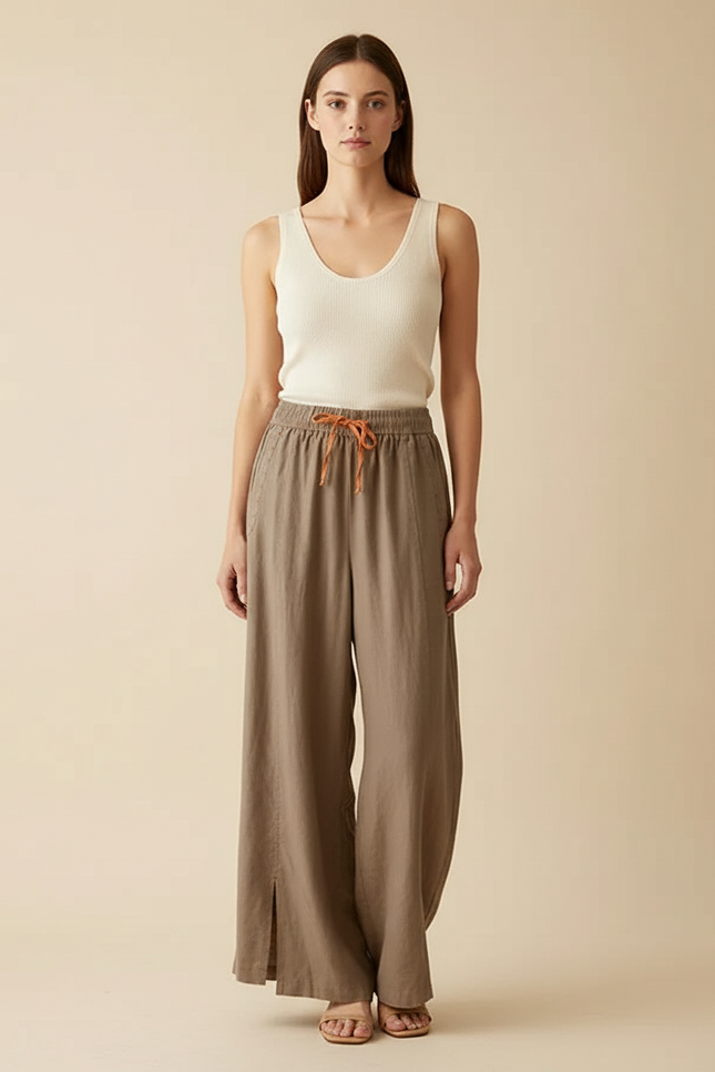 Pantalon Beige Lin Coton Ample Taille Haute Femme - Kaki