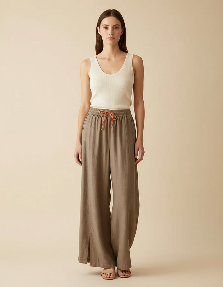 Pantalon Beige Lin Coton Ample Taille Haute Femme - Kaki