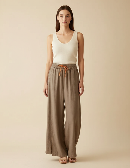 Pantalon Beige Lin Coton Ample Taille Haute Femme - Kaki